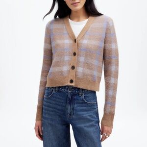 Madewell Beige and Light Blue Alpaca Blend Plaid V-Neck Cardigan